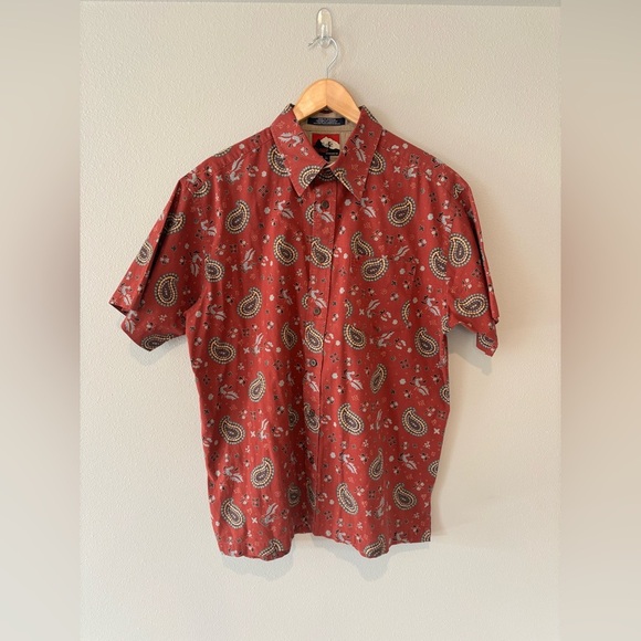 VINTAGE TOMMY HILFIGER Men’s Button Up Short Sleeve Shirt Paisley Print Red L - Picture 1 of 9